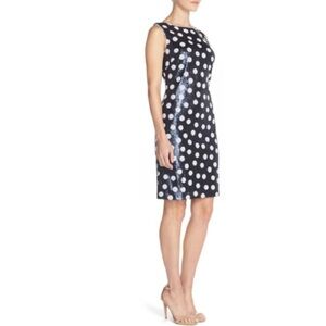 - Maia Sequined Navy White Polka Dot Sheath Mini Sleeveless Dress